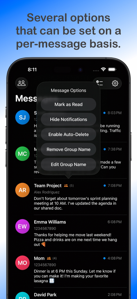 Widget for Messages - A smartphone screen showing the message options menu with settings for mark as read and auto delete