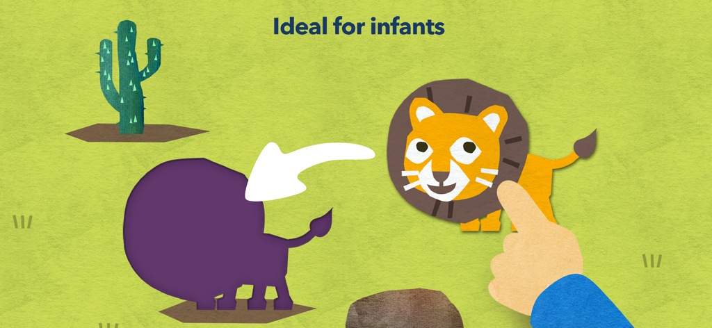 Fiete Puzzle - KidsKlub - A hand matching a lion puzzle piece to its silhouette in the Fiete Puzzle app for infants