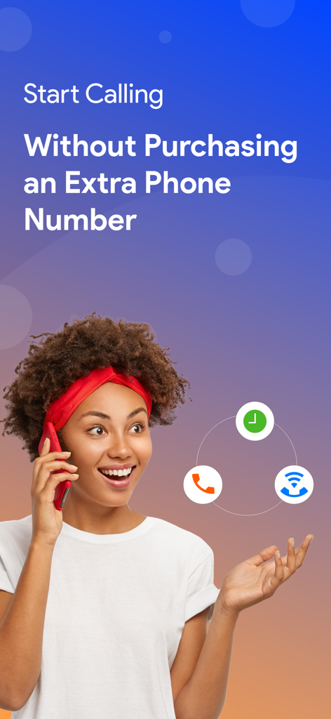 WiFi Phone Call by Moon Dialer - Eine Frau telefoniert mit einem roten Telefon, mit Text, der erklärt, wie man ohne zusätzliche Telefonnummer anruft