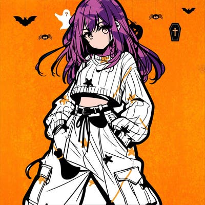 anime teen girl with baggy pants and crop top with sweater