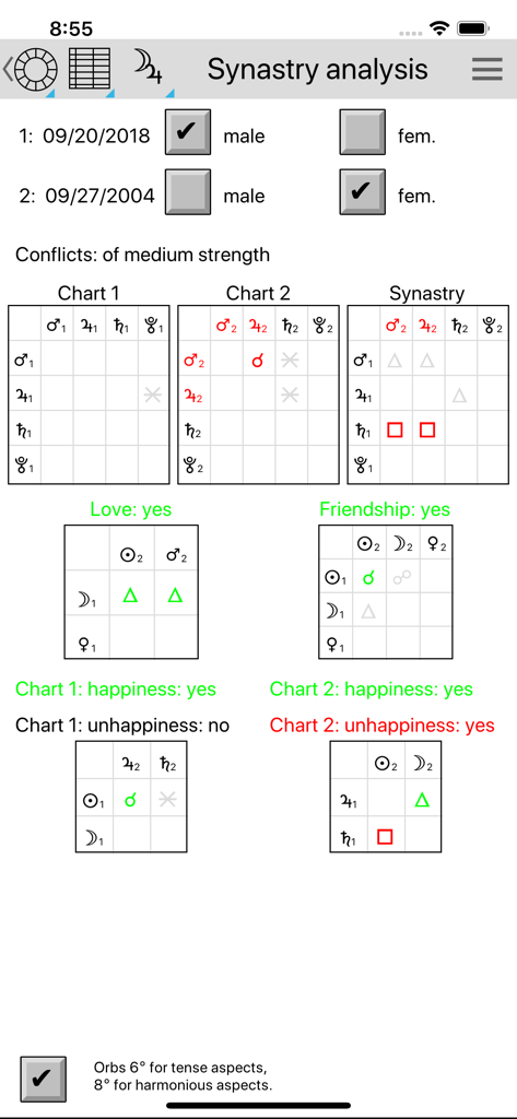 AstroVizor - AstroVizor synastry analysis screen displaying astrological compatibility tables and aspect grids between two individuals.