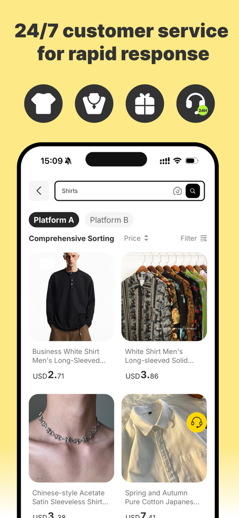 LitBuy app search screen showing menswear items with prices and 24/7 customer service banner