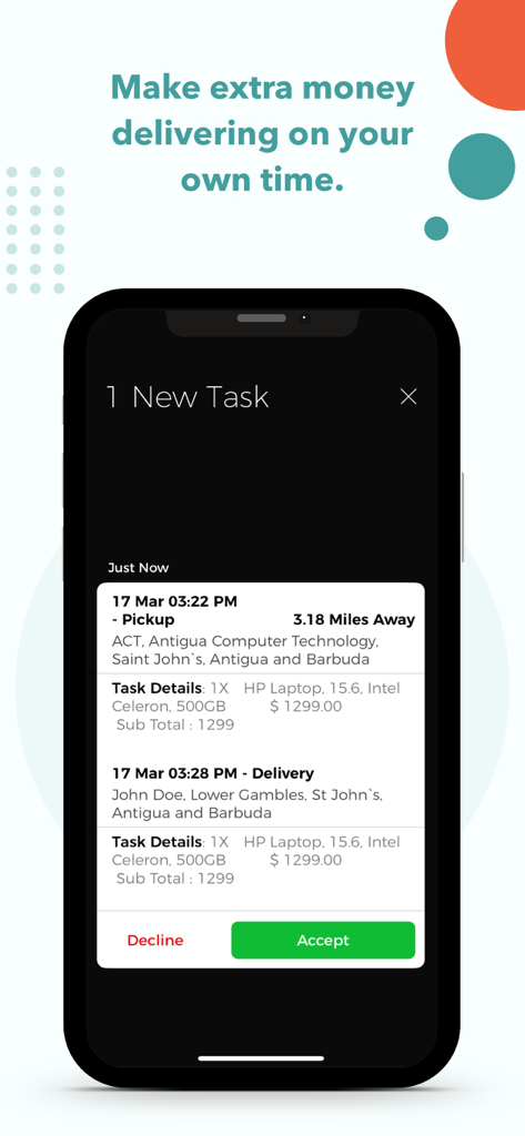 AllMart Delivery Agent - Smartphone screen showing a new delivery task for a laptop on the AllMart Delivery Agent app interface.