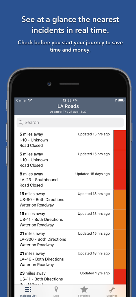 Smartphone screenshot of the Louisiana State Roads app displaying a real-time list of nearby traffic incidents and road closures.