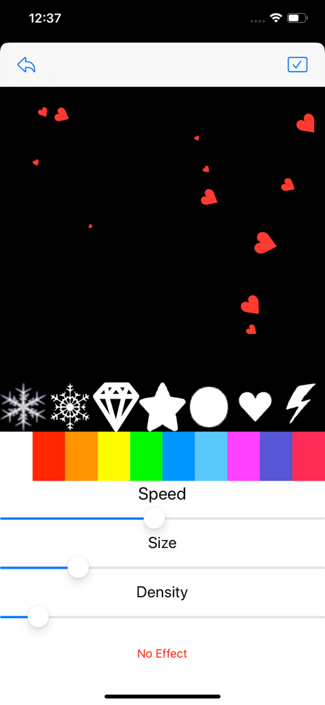 ハートの形とスピードスライダーを備えた、背景アニメーション効果のカスタマイズインターフェース。