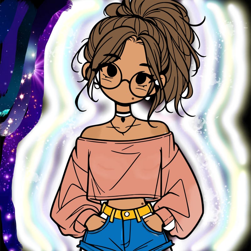 girl with a messy ponytail glasses a baggy crop top and jean shorts