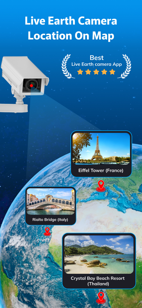 Vista de mapa de la aplicación Live Earth Camera que muestra transmisiones de cámaras en vivo desde puntos de referencia globales como la Torre Eiffel y el Puente de Rialto en un globo 3D