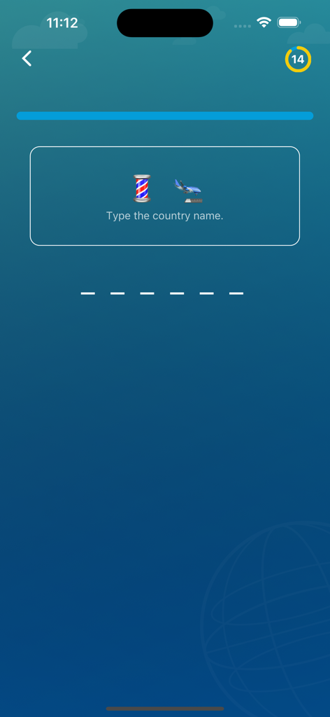 World Quiz and Emojis - Captura de pantalla del modo Emoji Country en la aplicación World Quiz and Emojis mostrando pistas de emojis para adivinar el nombre de un país