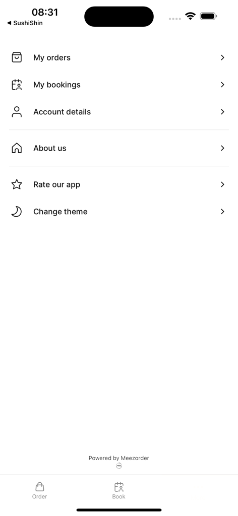 Meez Application - User account settings screen in the Meez Application for managing orders and bookings.