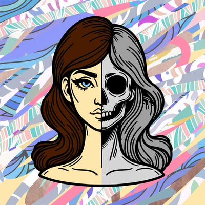 bust of a woman, half face and hair, half skull