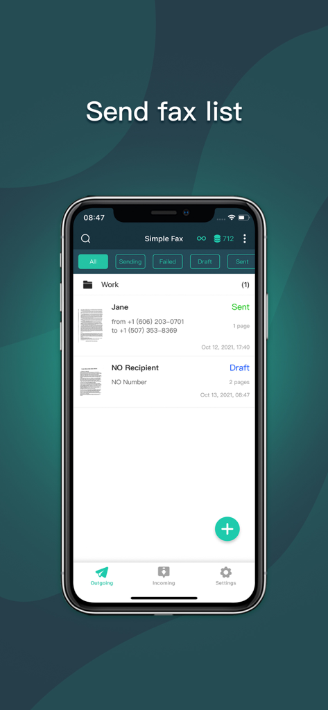 送信済みFAXのリスト、ステータストラッキング、フォルダ管理を表示するSimple Faxアプリのインターフェース。
