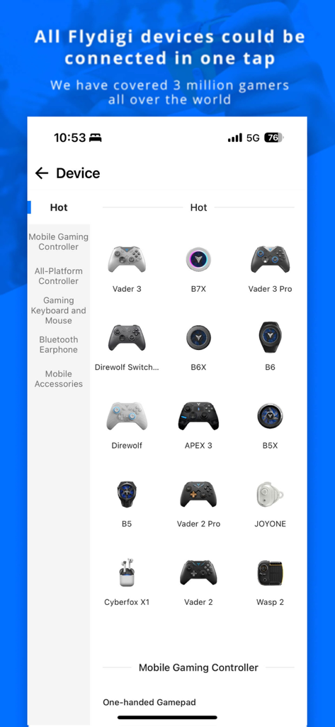 List of supported gaming controllers and accessories in Flydigi Game Center app.