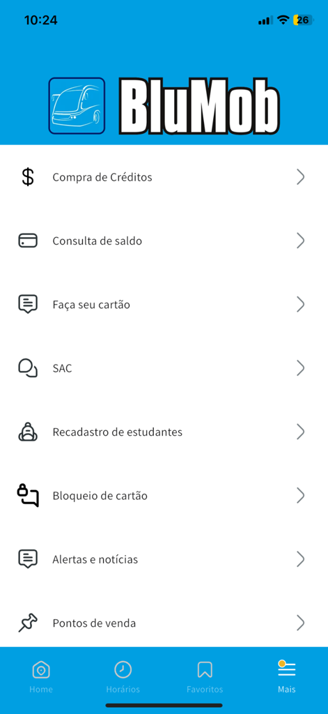 BluMob - Menu screen of the BluMob app showing various transit service options like buying credits and checking balance