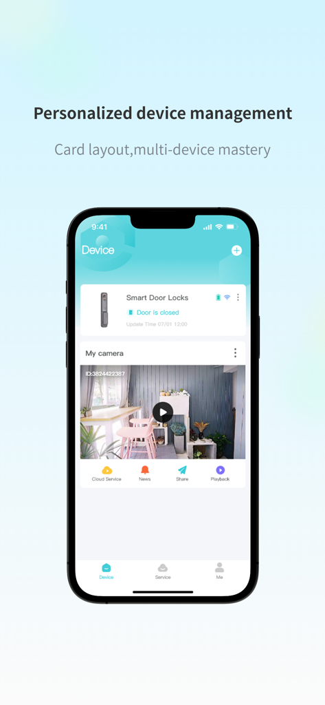 iSee Home - Interface of the iSee Home app showing a smart door lock status and a live security camera feed on an iPhone