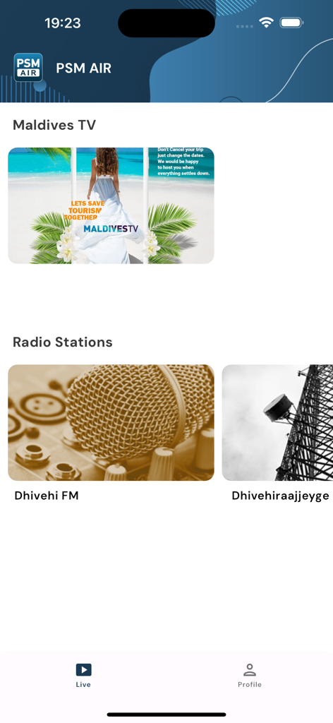 PSM Air - PSM Air app home screen featuring Maldives TV and Maldivian radio stations