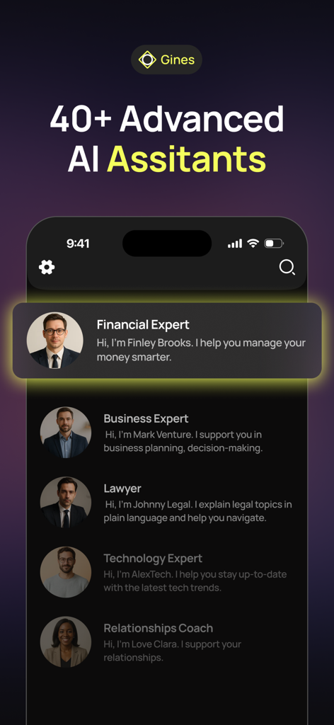 AI mini apps: Gines - Interface of the Gines app displaying a variety of specialized AI assistants including experts in finance business and law