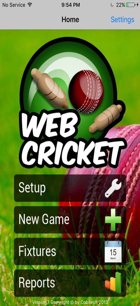 WebCricket - WebCricket app home screen displaying menu for setup new game fixtures and reports
