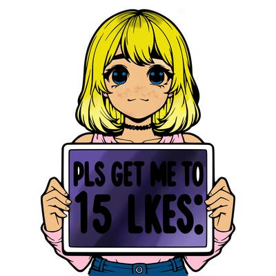 realistic girl holding up a sign that says “pls get me to 15 likes!”