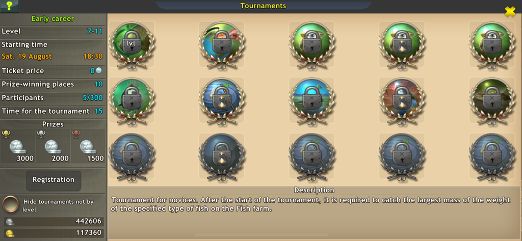 Fishing: World of Fishers - Tournament selection screen showing early career competition rules and prizes in Fishing World of Fishers.