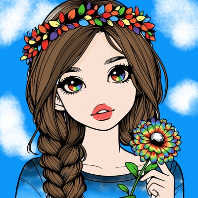 realistic girl with braided hair holding a flower wearing a flower crown