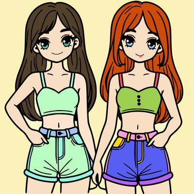 two sisters with crop tops and jean shorts and straight hair