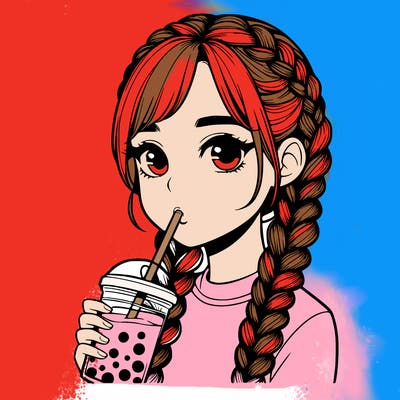 realistic girl with braided hair drinking boba