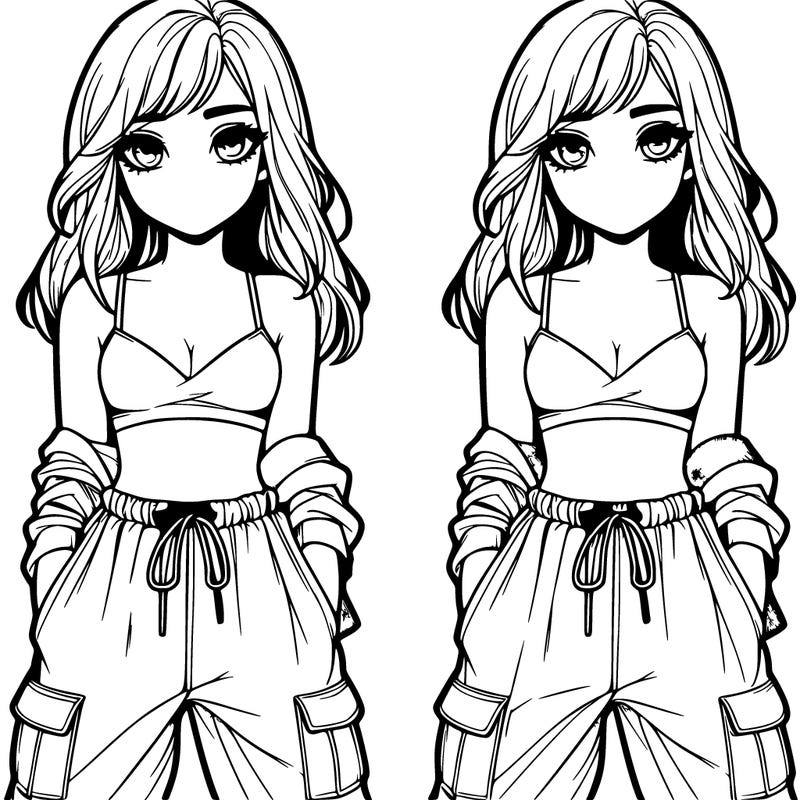 realistic girl with top and baggy pants split