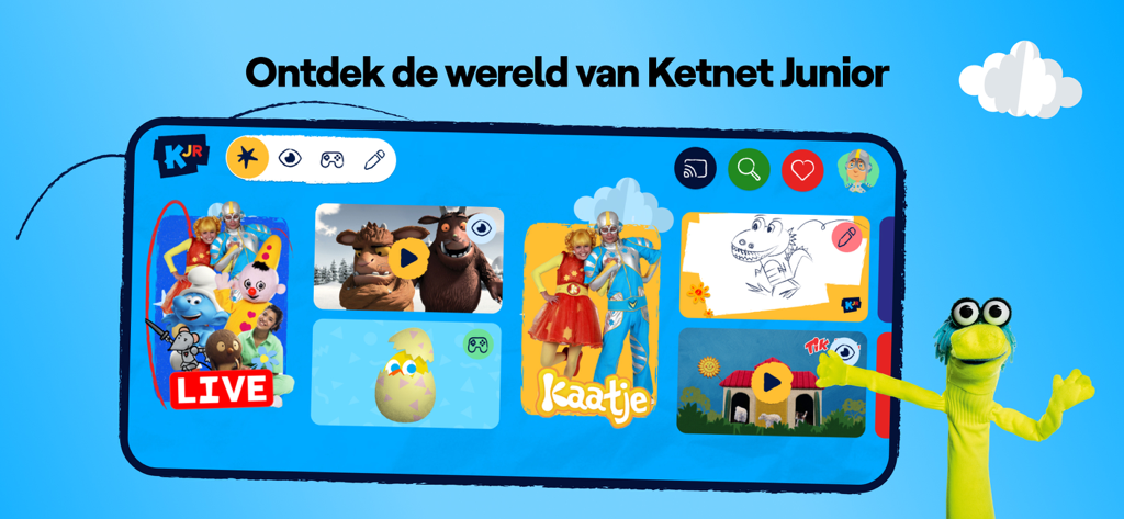 Ketnet Junior - Ketnet Junior app home screen displaying educational video and game tiles for preschoolers