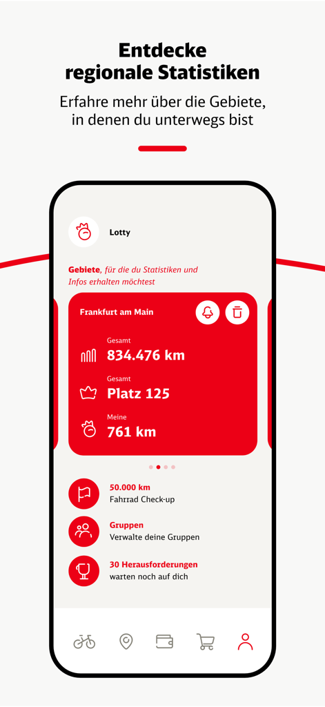 DB Rad plus mobile app screen showing regional cycling statistics and leaderboard ranking in Frankfurt