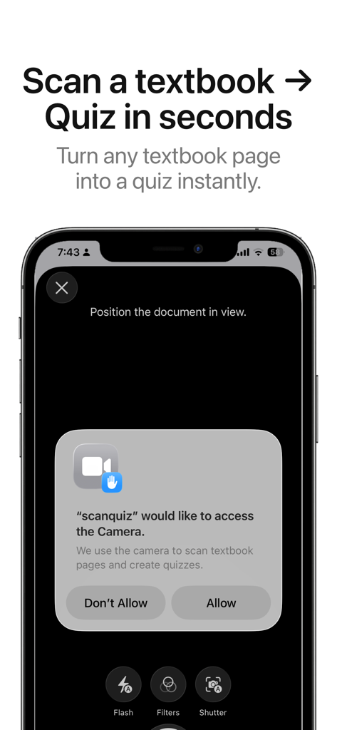 ScanQuiz: Study Smarter - Interfaz de la aplicación ScanQuiz mostrando una solicitud de permiso de cámara para escanear páginas de libros de texto y generar cuestionarios instantáneos