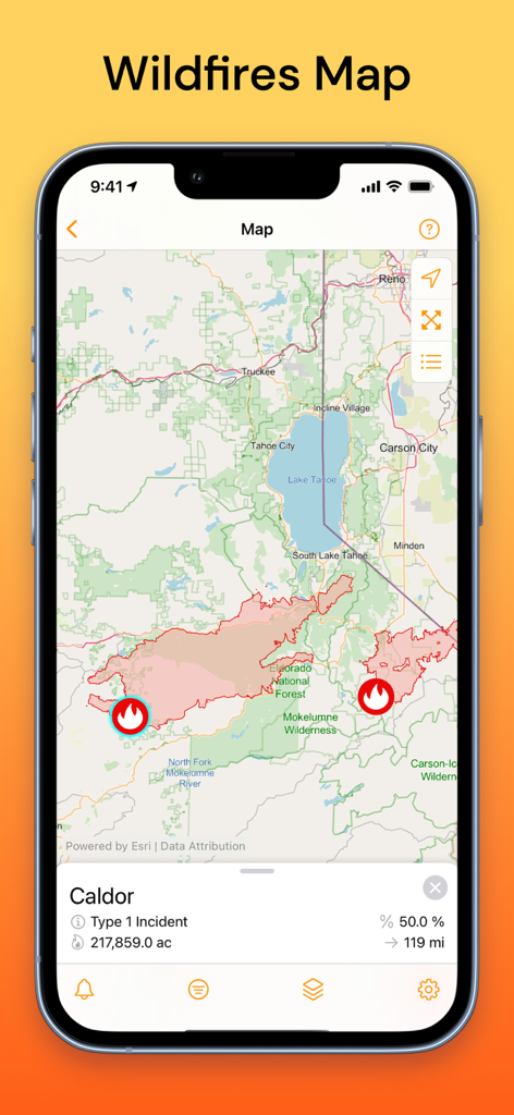 QuakeFeed app interface showing a wildfire map with fire perimeters and incident details for the Caldor fire