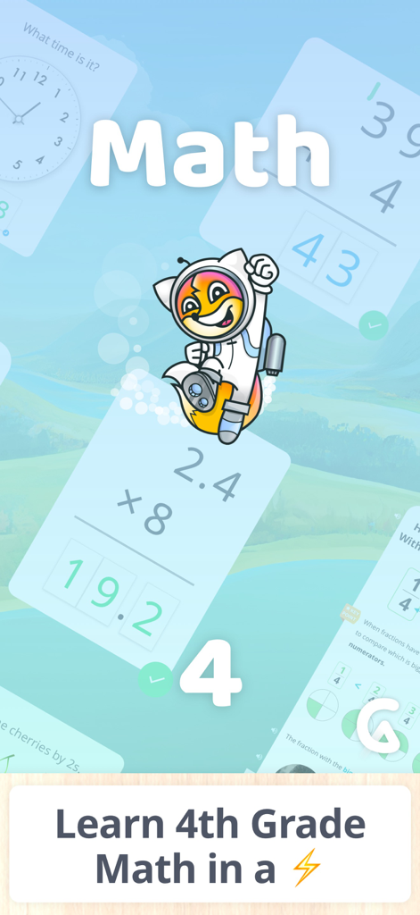 우주비행사 여우와 대화형 수학 연습 카드가 특징인 Learn Math 4th Grade 앱 화면.