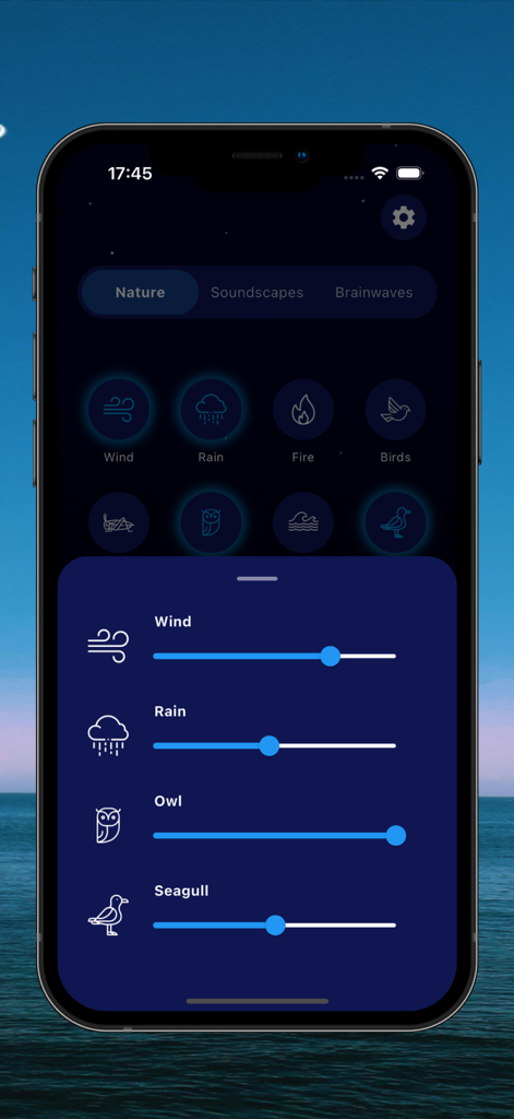 Placid: Focus, Sleep & Sounds - A screenshot of the Placid app nature sound mixer with individual volume controls for ambient sounds like wind and rain