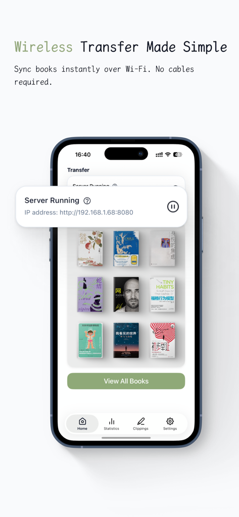 PagePop - Kindle Companion - iPhone screen showing the PagePop app's wireless ebook transfer feature with a grid of book covers and server status