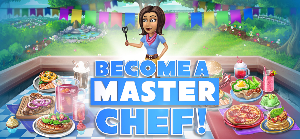 Virtual Families: Cook Off - Virtual Families Cook Off のプロモーションバナー。女性シェフと裏庭のさまざまな料理がフィーチャーされています