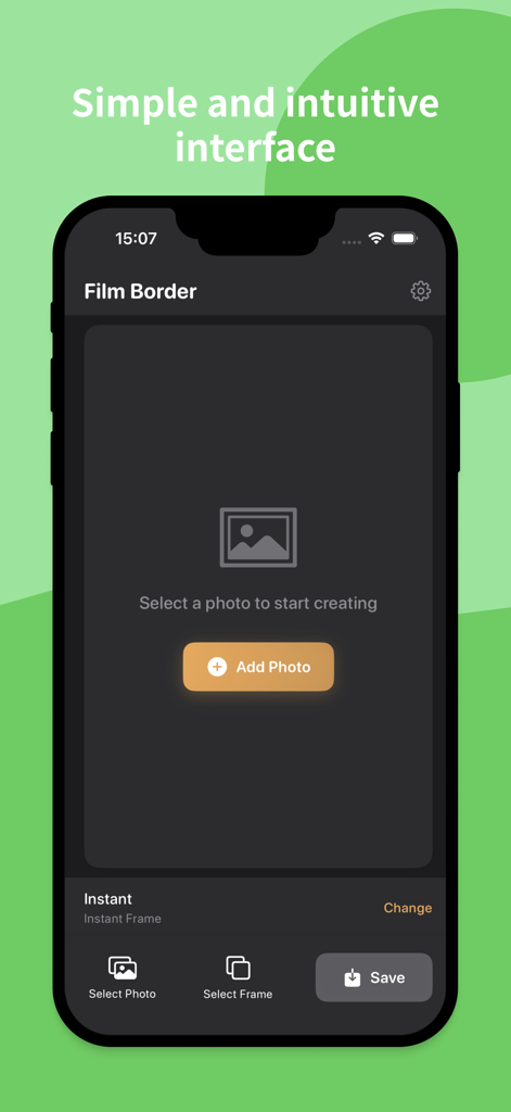 Film Border - The simple and intuitive home screen of the Film Border app showing an add photo button