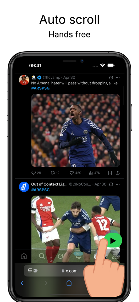 Glida Safari 확장 프로그램으로 소셜 미디어 웹사이트에서 손 안 대고 자동 스크롤하는 모습을 보여주는 스마트폰 화면