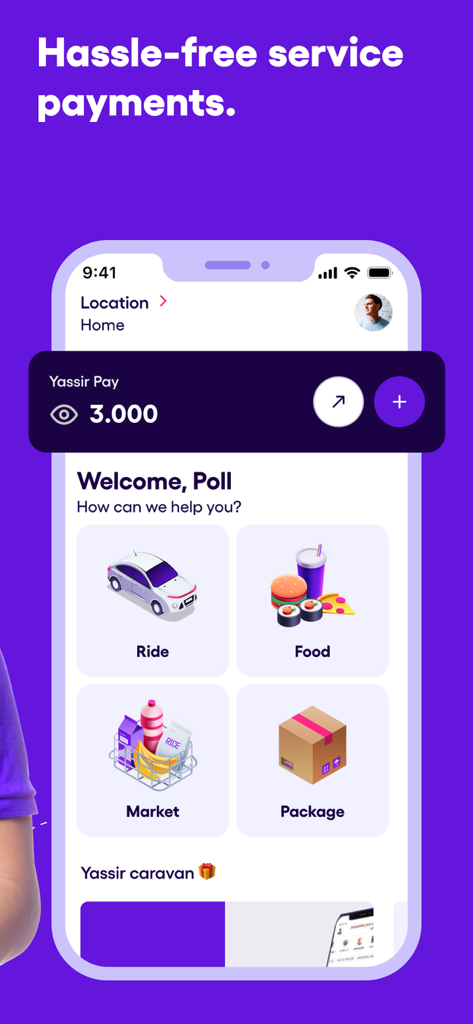 Smartphone screen showing the Yassir super app home page with ride food and market delivery options along with the Yassir Pay wallet