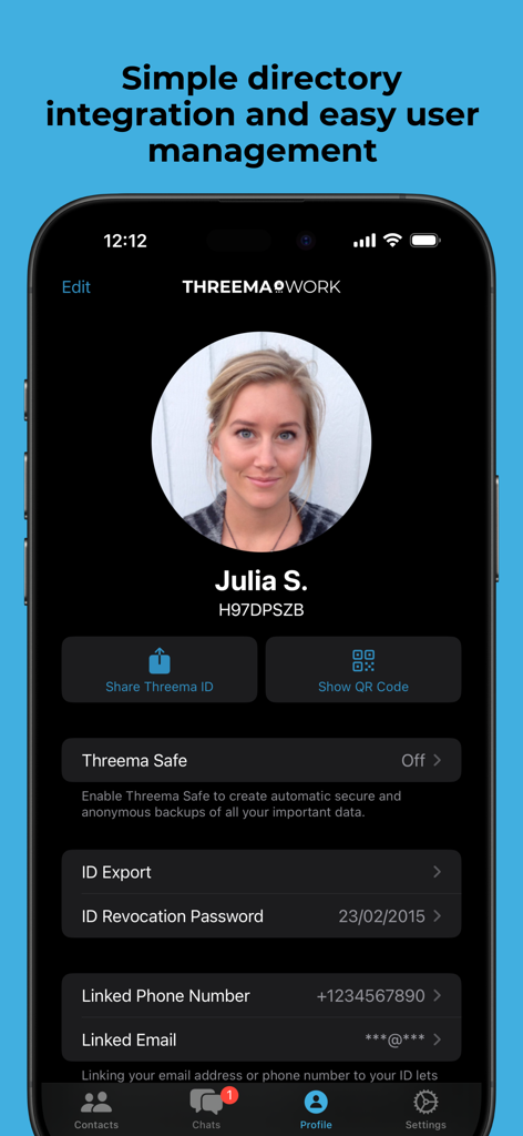 Threema Work. For Companies - Threema Workアプリのプロフィール画面。ユーザーIDと安全なビジネスコミュニケーションのための管理設定が表示されています。