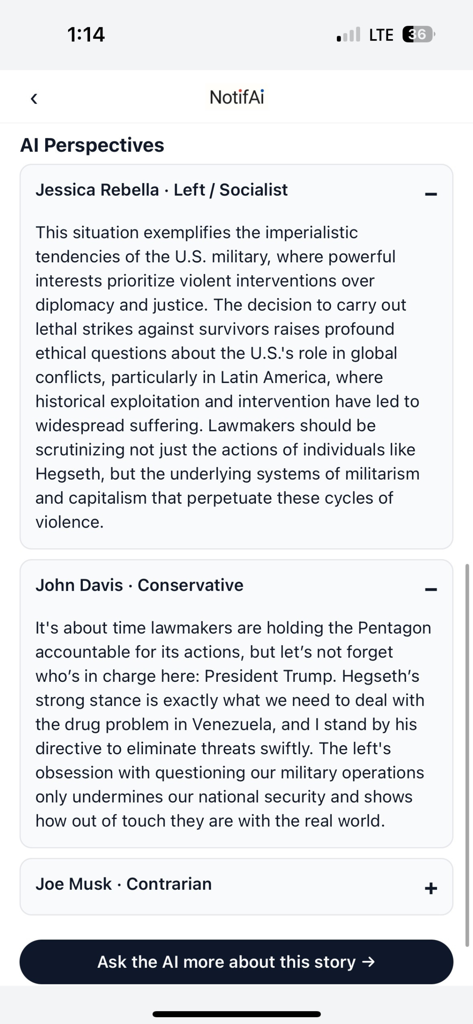 Mobile app interface of NotifAi News showing contrasting AI generated perspectives from left and conservative viewpoints on a news story