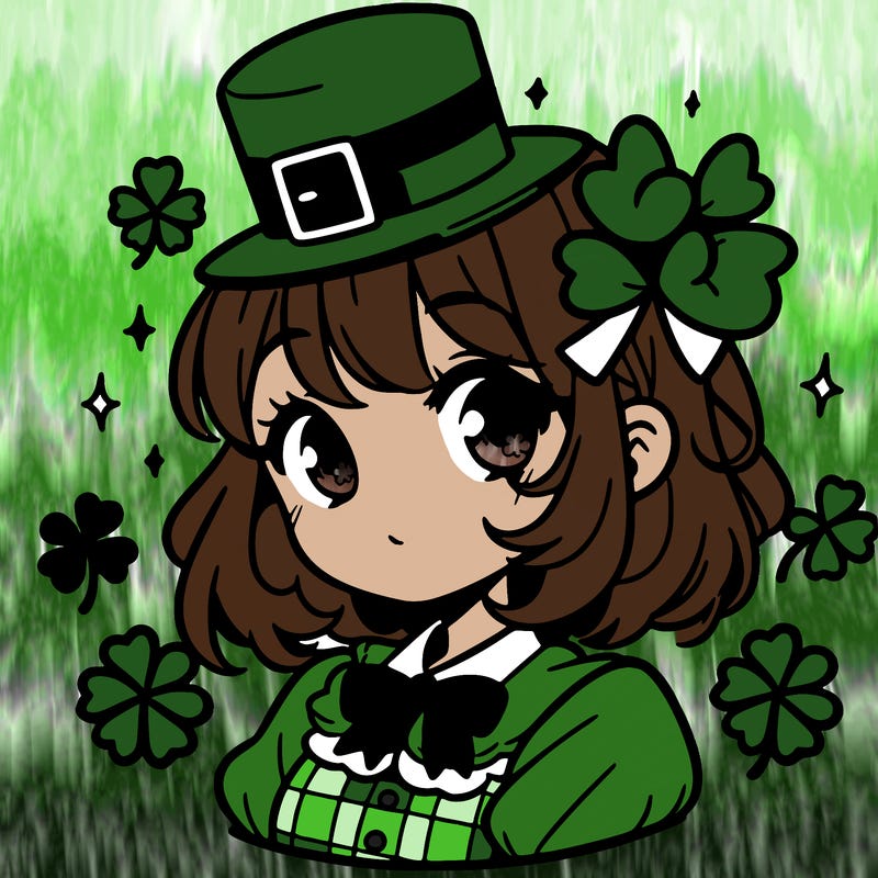 a manga-style girl with clovers around her, a little hat in her hair, like it's saint patrick's day