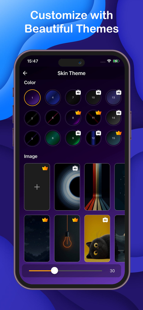 Offline Music Player: Sonix - Pantalla de personalización de temas en el reproductor de música Sonix con varias opciones de color e imagen