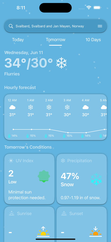 Screenshot of Tenki Weather app showing the tomorrow forecast for Svalbard including hourly temperatures UV index and precipitation data