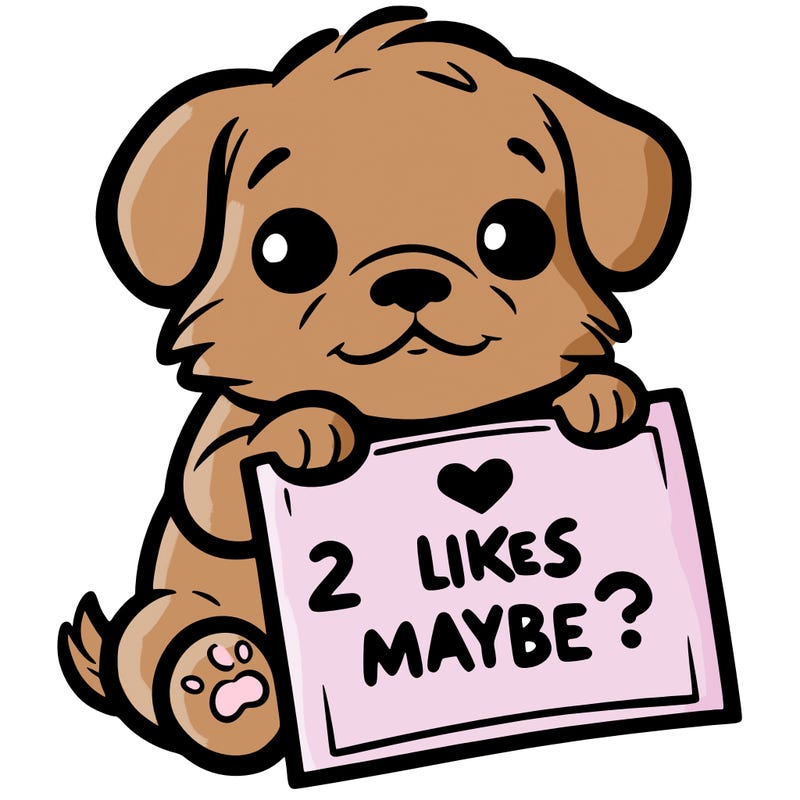 a puppy holding a sign that says 2 likes maybe?