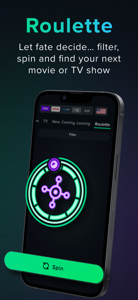 Interfaz de ruleta de la aplicación Reelgood que muestra un botón de giro y filtros de servicios de streaming para elegir una película o serie.