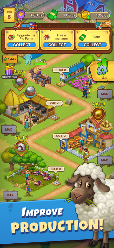 Idle Farmer: Farm Tycoon Games - Gameplay screen of Idle Farmer Farm Tycoon Games showing farm animals and the slogan Improve Production