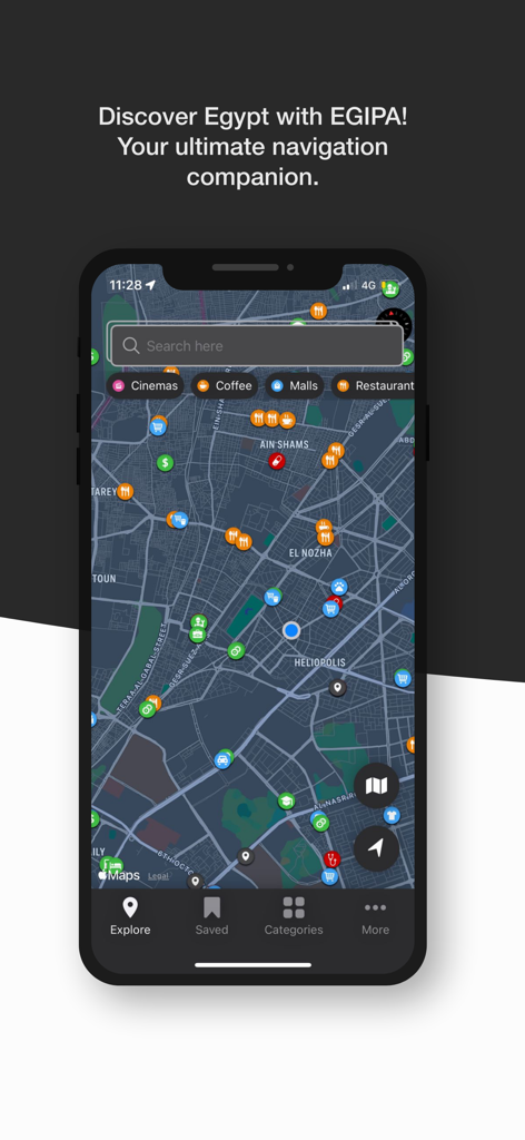 EGIPA - App mobile EGIPA che mostra una mappa interattiva dell'Egitto con indicatori per punti di interesse locali