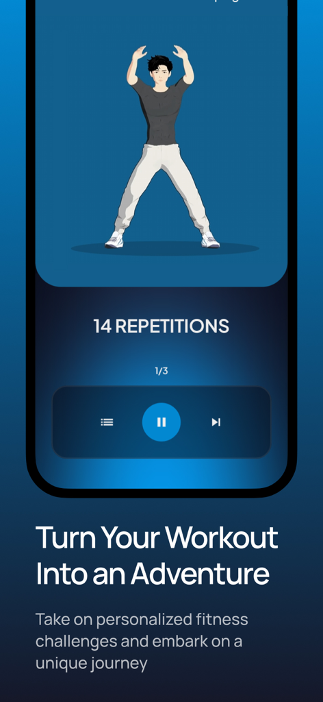 LEVELING: Fitness - Une interface d'application de fitness présentant un personnage d'anime effectuant un entraînement avec le texte Transformez votre entraînement en une aventure.