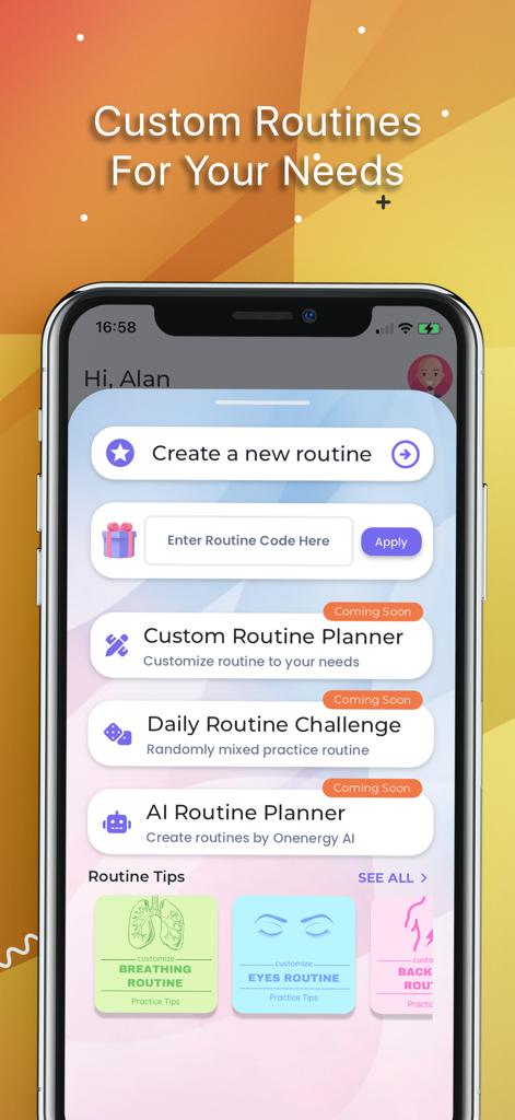 Onenergy Qigong and Meditation - Interface do aplicativo Onenergy Qigong mostrando o construtor de rotinas personalizadas e dicas de saúde para respiração e dor nas costas