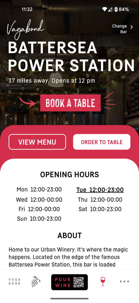 Vagabond Wines - Vagabond Wines mobile app displaying the Battersea Power Station location details with options to book a table and view the menu